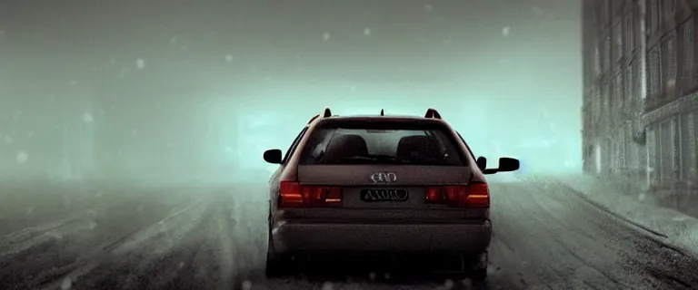 Image similar to Audi A4 B6 Avant (2002), a gritty neo-noir, dramatic lighting, cinematic, eerie person, death, homicide, homicide in the snow, gunshots, establishing shot, extremely high detail, photorealistic, red mist, red fog, chaos, arson, burning city, cinematic lighting, artstation, by simon stalenhag, Max Payne (PC) (2001) winter New York at night, In the style of Max Payne 1 graphic novel, flashing lights, Poets of the Fall - Late Goodbye