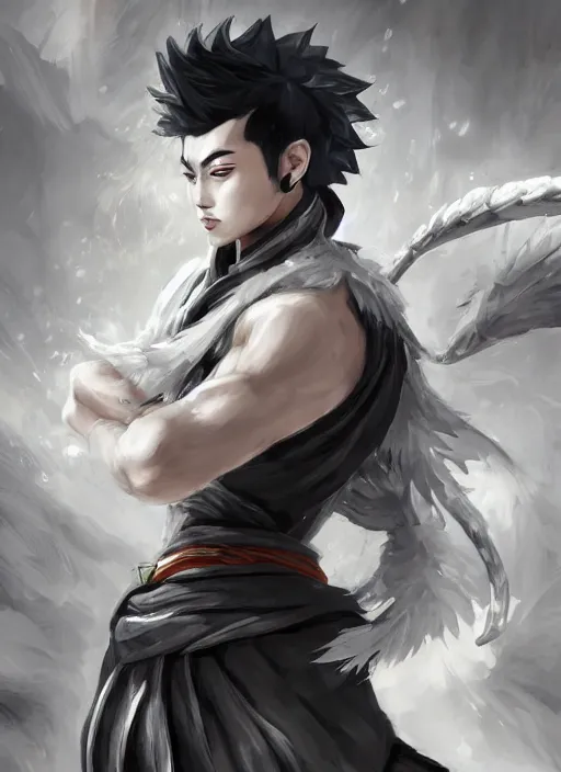 Image similar to a highly detailed illustration of fierce short white haired parted through the middle young attractive asian man, wearing hakama, with black sclera eyes, heroically battle posing, muscular, intricate, elegant, highly detailed, centered, digital painting, artstation, concept art, smooth, sharp focus, league of legends concept art, WLOP