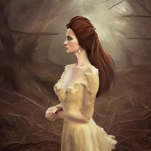 Image similar to stunning elegant lady portrait with intricate jewelry standing arms raised, present in time among a twisted devolved forest, god rays, soft focus, 8k, digital painting with rough brushstrokes, high contrast, instagram