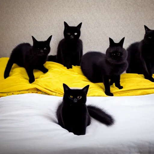 Image similar to photo of a group of black cats with large buggy yellow eyes, sitting on a bed