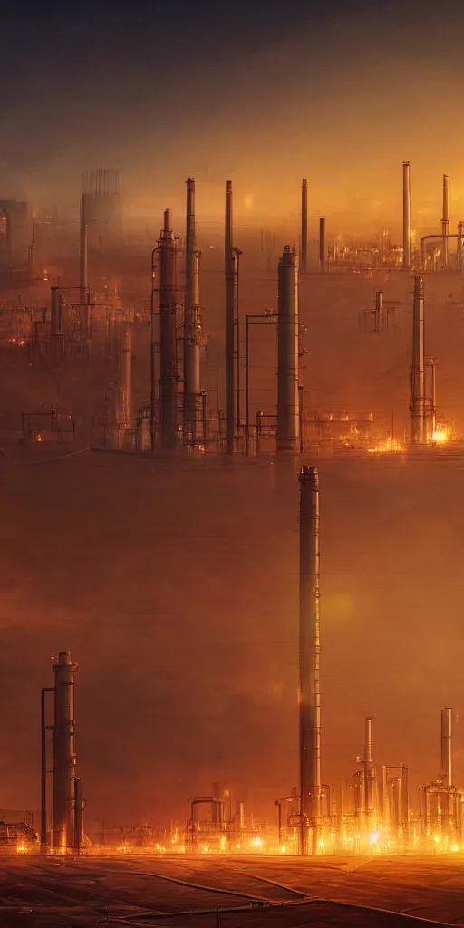 Prompt: large oil factories in the distance, fire, dust storm, futuristic, desert, cyberpunk theme, high detail, trending on art station