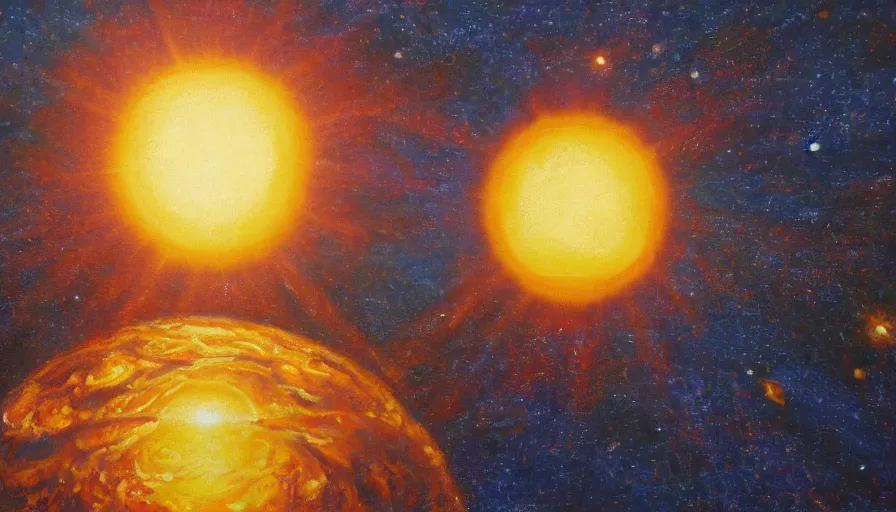 Image similar to the sun being blocked by a hexagon in space, planet earth in the foreground, oil painting