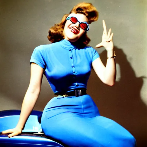 Image similar to 1950's pin-up girl, wearing a tight blue dress and aviators, with legs crossed, sitting on a gasoline tank, winking, making a peace sign, stylized