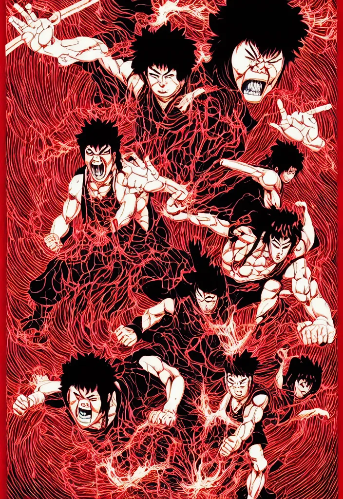 Prompt: a comic book style japanese horror poster of ryu, akuma and ken by dan mumford, yusuke murata and junji ito, blood lines, yokai, kanji, 8k, unreal engine, trending on artstation, pixiv, intricate details, volumetric lighting