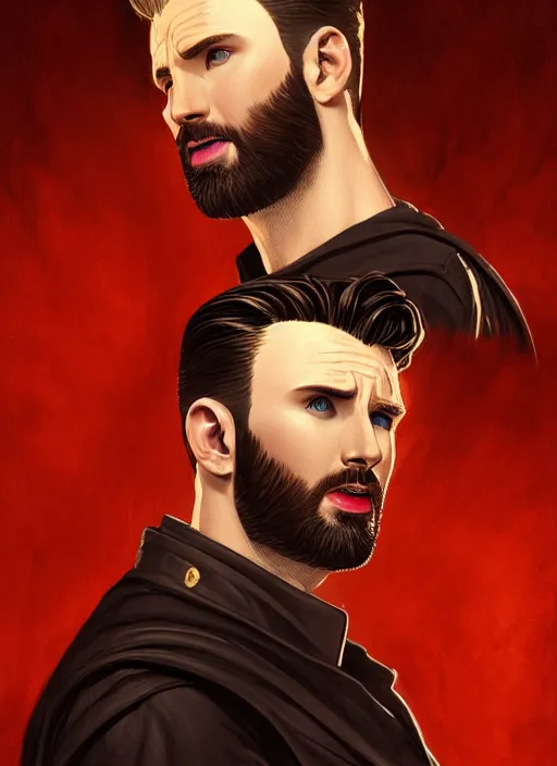 Image similar to Chris Evans as Lucifer morningstar, slight smile, highly detailed, digital painting, artstation, concept art, sharp focus, illustration, art by wlop and J. C. Leyendecker and Edmund Bliar Leighton and Charlie Bowater