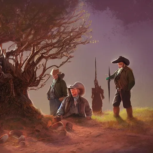 Image similar to hobbits wearing cowboy hats hiring under a tree from wraiths, artstation digital art