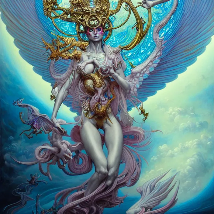 Prompt: hyper detailed painting, hyperrealist painting of an psychedelic angelic celestial being mythical creature by peter mohrbacher, by philippe druillet trending on artstation, sacred geometry, esoteric art