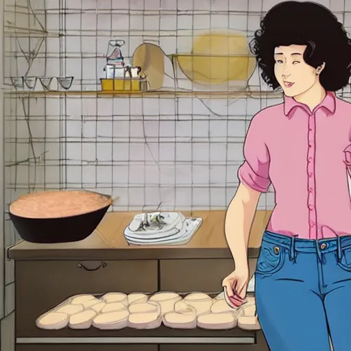 Image similar to portrait of a woman with dark curly hair in a pink shirt and high-rise jeans making sourdough in sunlit kitchen, hyper detailed, by studio ghibli