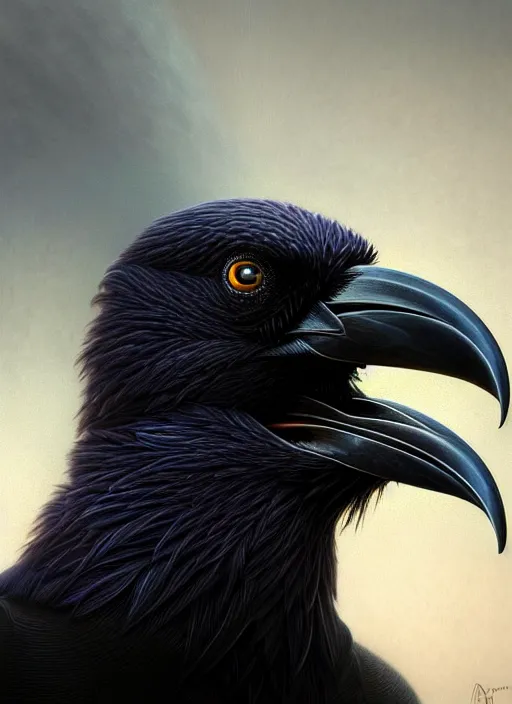 Image similar to closeup portrait of a raven, realistic, professionally, professionally color graded, intricate, elegant, highly detailed, centered, digital painting, artstation, concept art, smooth, sharp focus, illustration, artgerm, tomasz alen kopera, peter mohrbacher, donato giancola, mucha, joseph christian leyendecker, wlop, boris vallejo