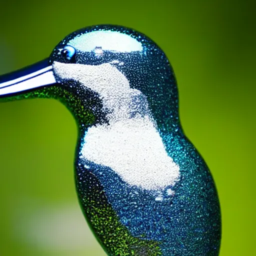 Image similar to a real life kingfisher made out of reflective crystal and very reflective polished metal, in the background is a forest, product photography