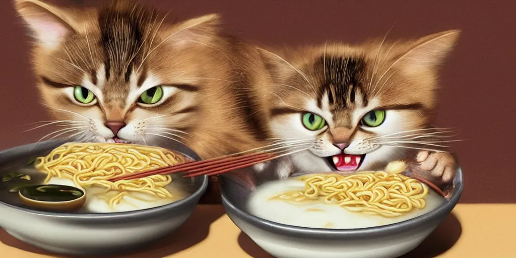 Image similar to A happy cat holding chopsticks and eating a bowl of ramen, hyper realistic, insane detail, Pixar