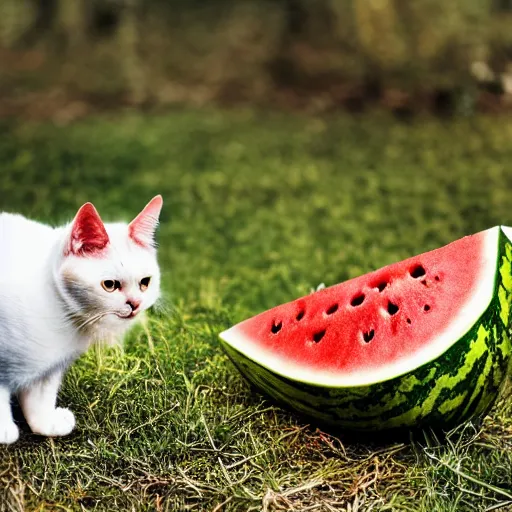 Image similar to a small cat sitting upon a watermelon wearing a sun hat in 4k hyperrealistic photography sharp focus