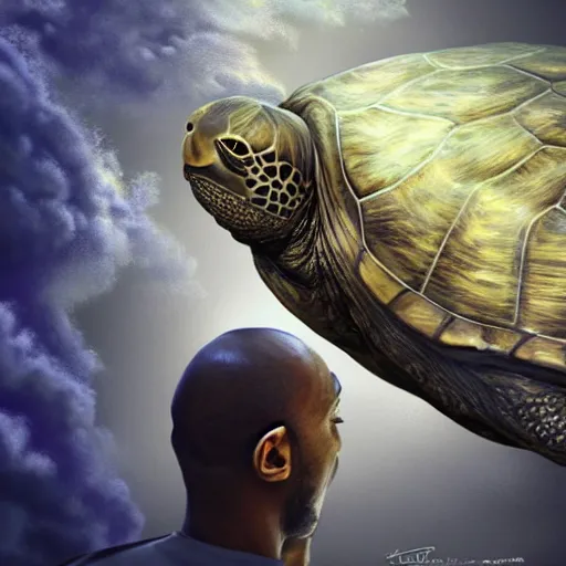 Image similar to kobe bryant kissing a giant turtle in heaven, hyper realistic, side view, digital art, amazing detail, artstatiom, cgsociety, epic art