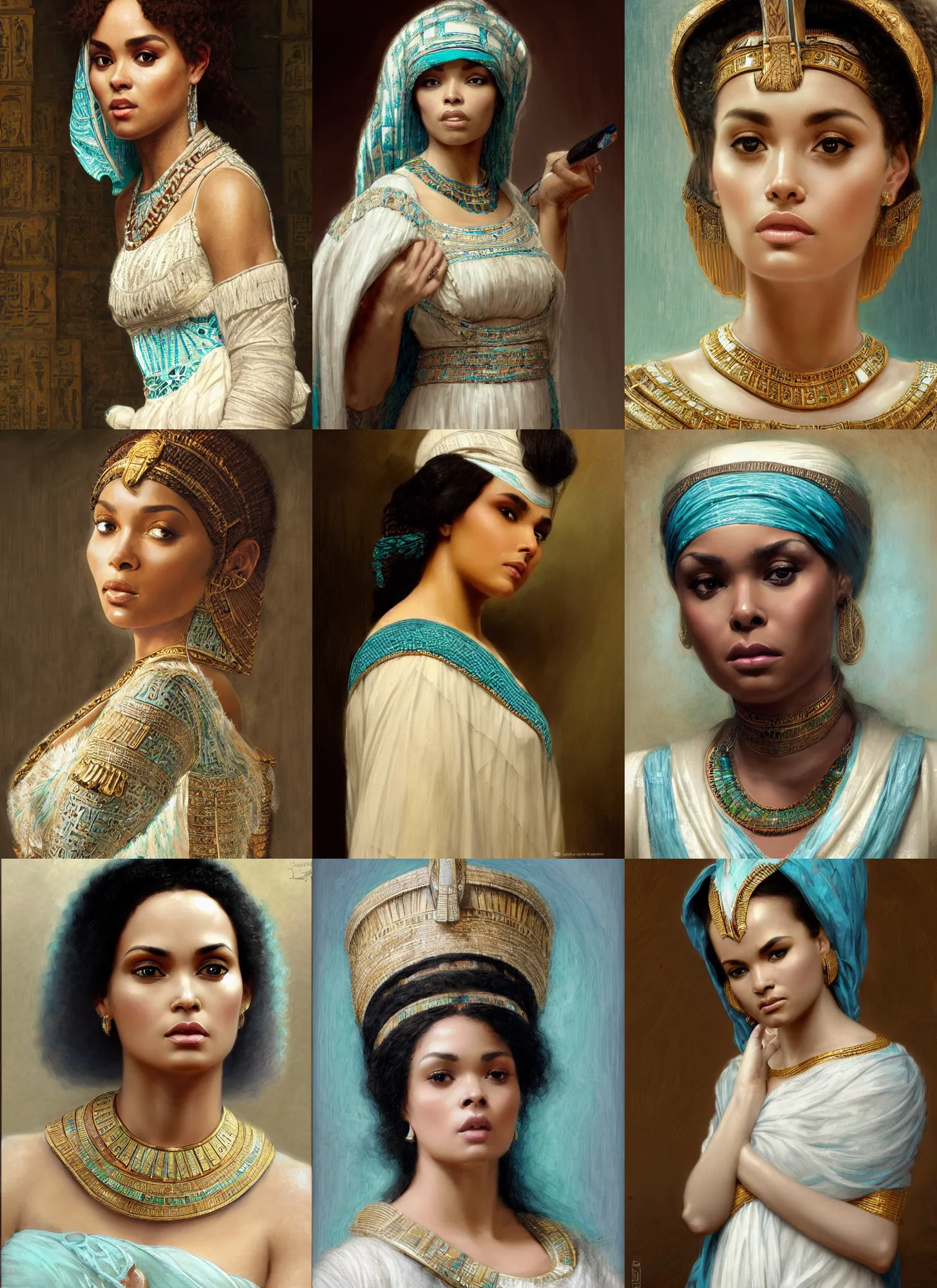 Prompt: demetria mckinney close-up portrait ancient egyptian, white and teal dress, intricate, elegant, highly detailed, digital painting, artstation, concept art, sharp focus, illustration, orientalism, edwin long, theodore ralli, aleksi briclot, rutkowski, bouguereau