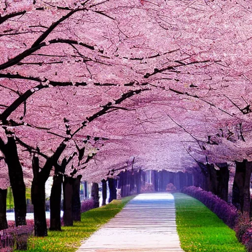 Image similar to a man walks through cherry blossom trees, digital art