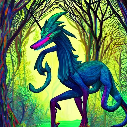 Prompt: psychedelic digital art of a sergal posing confidently in an enchanted forest, 4K, trending on artstation