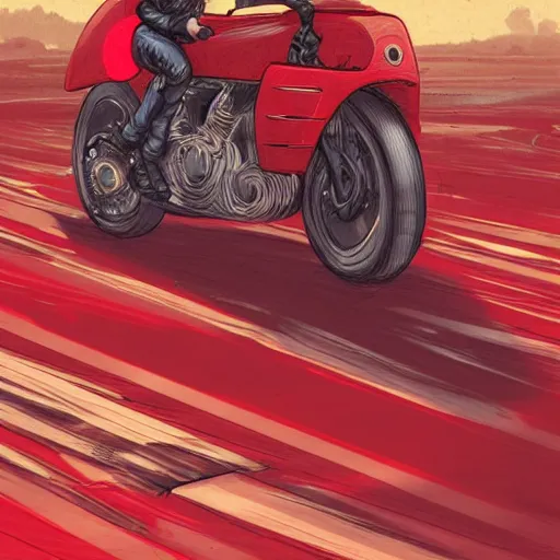 Prompt: man with a red jacket on a old highway walking toward a red futuristic racing motorbike, isometric view from behind, ink drawing, wide angle, ultra realistic, intricate details, ultra detailed, sharp focus, trending on artstation, art by artgerm and greg rutkowski