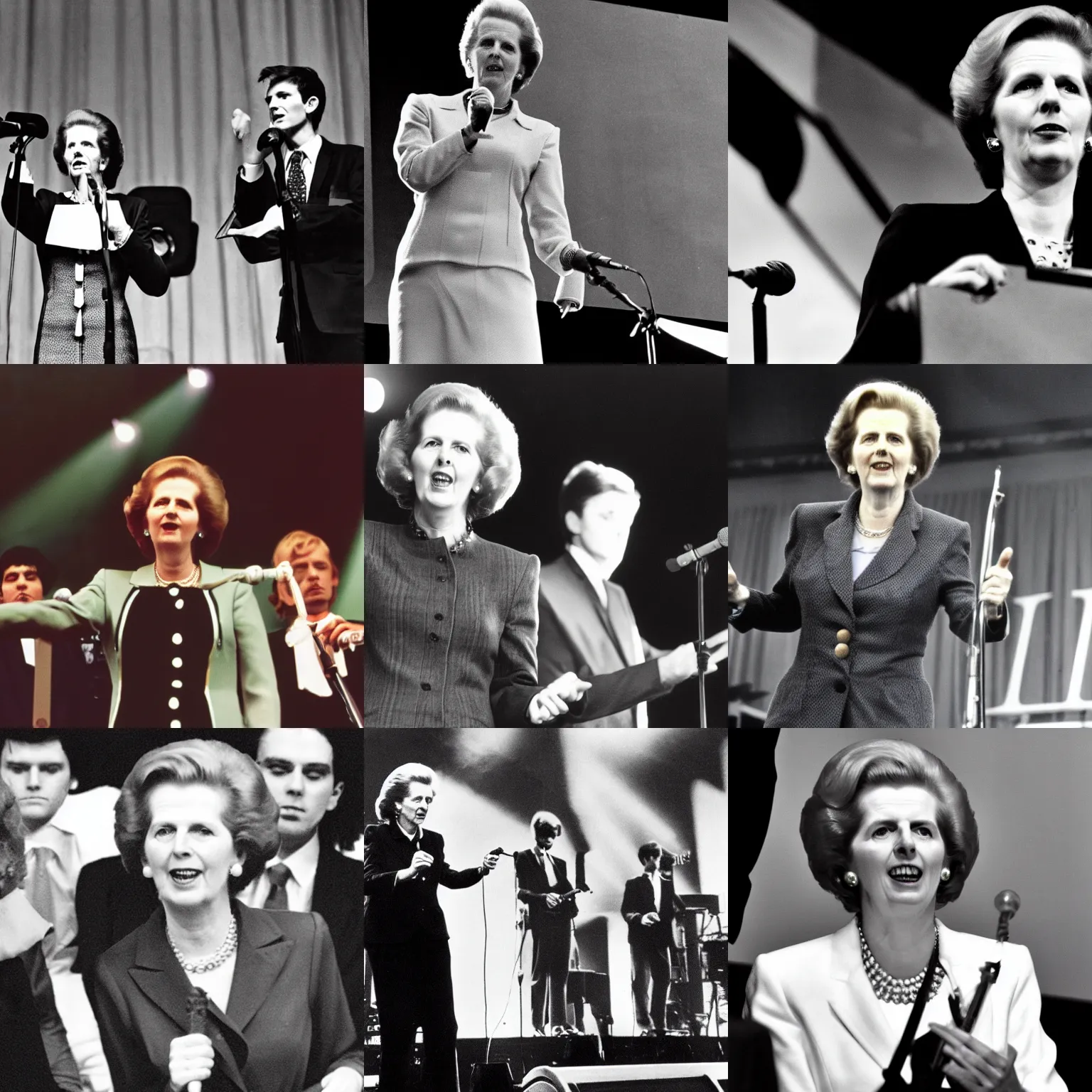 Prompt: margaret thatcher on stage with the talking heads, concert photo, stop making sense