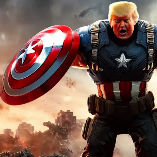 Image similar to Portrait! of President Donald Trump as ((captain america)) in Gears of War, splash art, movie still, cinematic lighting, dramatic, octane render, long lens, shallow depth of field, bokeh, anamorphic lens flare, 8k, hyper detailed, 35mm film grain