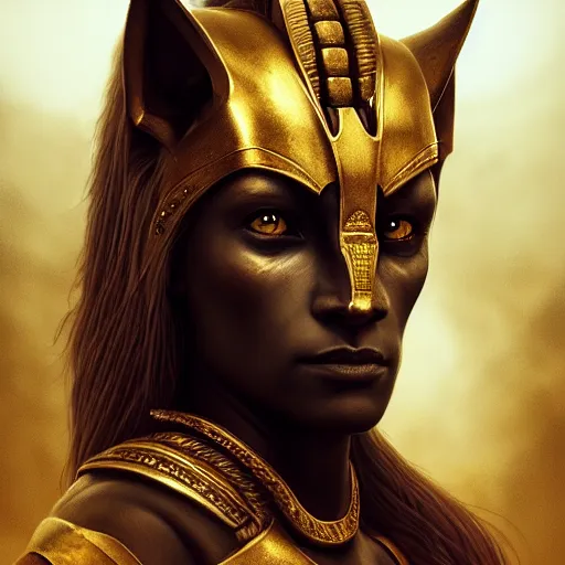 Image similar to Majestic gracious Anubis female warrior portrait, atmospheric lighting, painted, intricate, volumetric lighting, beautiful, rich deep colors masterpiece, golden hour, sharp focus, ultra detailed, by Leesha Hannigan, Ross Tran, Thierry Doizon, Kai Carpenter, Ignacio Fernández Ríos