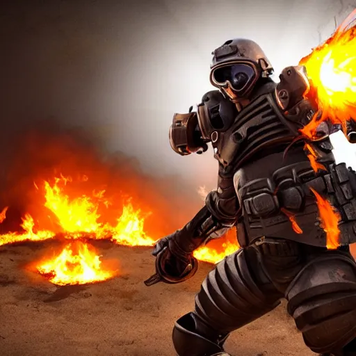 Image similar to angry man in juggernaut armor burning a desktop tower pc with a military flamethrower
