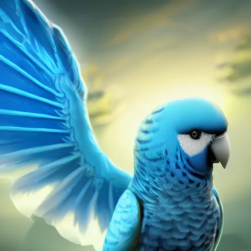 Image similar to an oil painting of a blue budgie with dragon wings, hd, hdr, ue 5, ue 6, unreal engine 5, cinematic 4 k wallpaper, 8 k, ultra detailed, high resolution, artstation, award winning