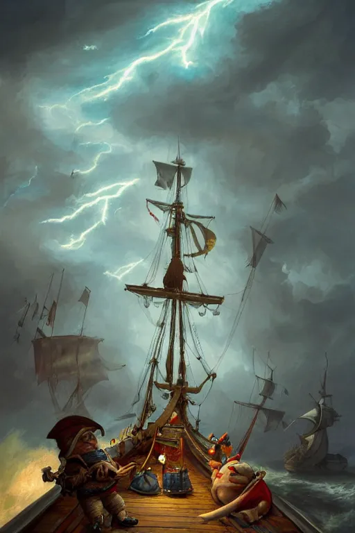 Prompt: mid shot portrait of an obese fat pirate with two peglegs and two hook hands steering a wooden galleon through a rain and lightning storm. view from on deck, sails and masts and rigging, detailed dynamic light painting by peter mohrbacher