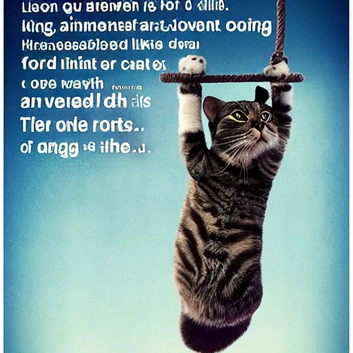 Image similar to a poster of a cat hanging onto a rope with a caption at the bottom of the poster that says hang in there