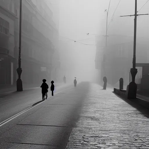 Image similar to people with modern european formal cloting going to their office walking on wide side road,modern san francisco,misty morning with long shadows,fan ho photography