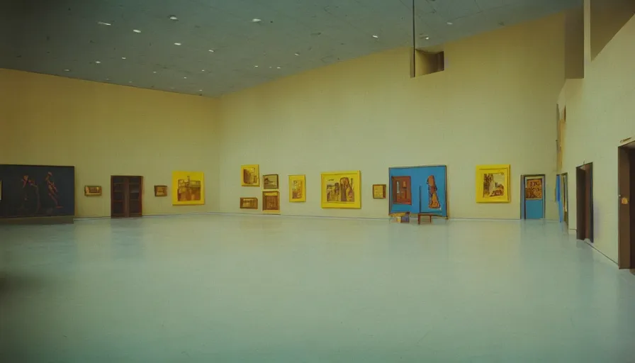 Image similar to 60s movie still of a sovietic stalinist style empty art museum with a soviet congress with yellow wall, LOMOGRAPHY LOMOCHROME TURQUOISE XR 100-400 (35MM), liminal Space style, heavy grain