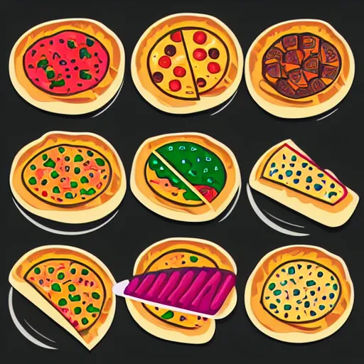 Prompt: colorful silhouette pizza icon set line. pizzas. white background. flat design. vector.