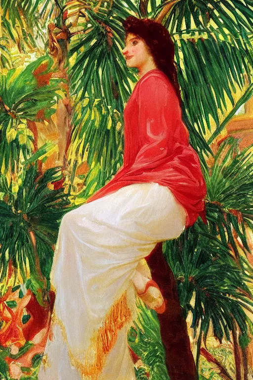 Image similar to a girl with arabesque red and green and golden detailed scarf set on a detailed persian carpet, tree palms in background, painting by john singer sargent