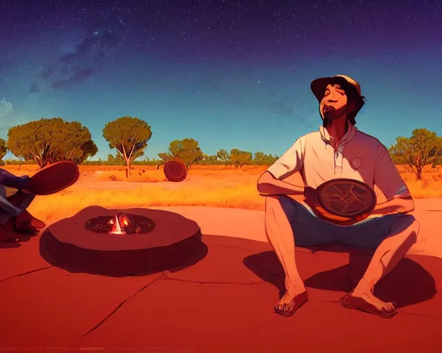 Image similar to man sitting at uluru playing medicine drum at campfire under cosmic night sky, behance hd by jesper ejsing, by rhads, makoto shinkai and lois van baarle, ilya kuvshinov, rossdraws global illumination radiating a glowing aura global illumination ray tracing hdr render in unreal engine 5