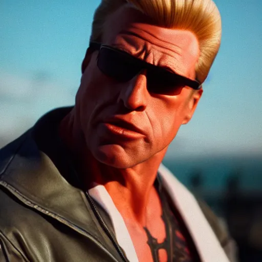 Image similar to film still of Duke Nukem, sigma 85mm f/1.4, 4k, depth of field, high resolution, 4k, 8k, hd, full color