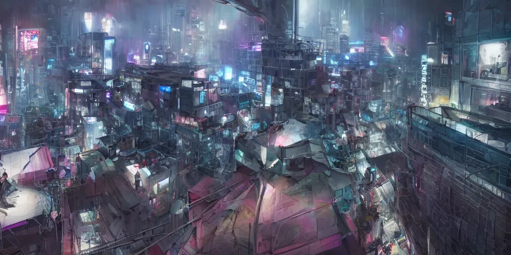 Prompt: cinematic shots of teenagers with tech clothing and hoods and tactical masks doing risky parkour on the rooftops of a dystopian city, neon lights, sci - fi, night lights, rain and haze, concept art, intricate, in the style of katsuhiro otomo, akira, unreal engine