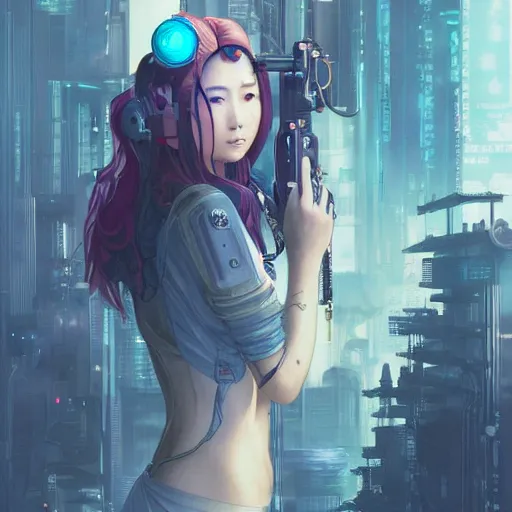 Image similar to cyberpunk japanesse girl, with techware, d & d, intricate, elegant, highly detailed, digital painting, japanese, altered carbon style, trending on artstation, concept art, studio ghibli, illustration, art by artgerm and greg rutkowski and alphonse mucha