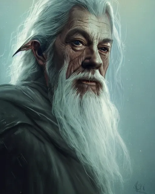 Image similar to gandalf with facial cybernetic enhancements, android, detailed face, scifi character portrait by greg rutkowski, esuthio, craig mullins, 1 / 4 headshot, cinematic lighting, dystopian scifi gear, gloomy, profile picture, mechanical, half robot, implants, steampunk