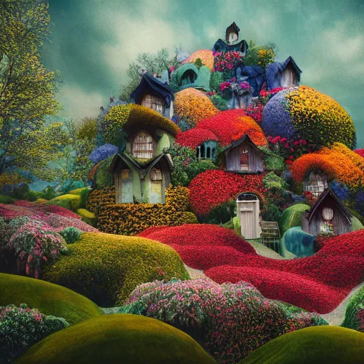 Prompt: a beautiful detailed surreal houses made from flowers in a serene landscape, Edmund Dulac, Jacek Yerka, landscape photography composition,vivid colors,octane render,redshift render :1