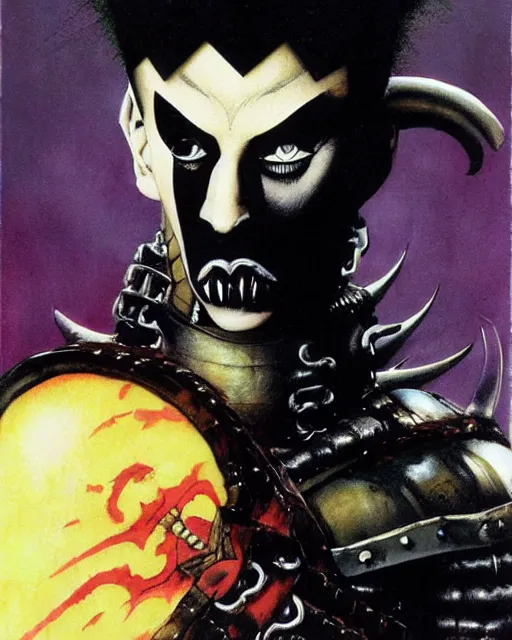 Prompt: portrait of a skinny punk goth klaus nomi wearing armor by simon bisley, john blance, frank frazetta, fantasy, thief rogue