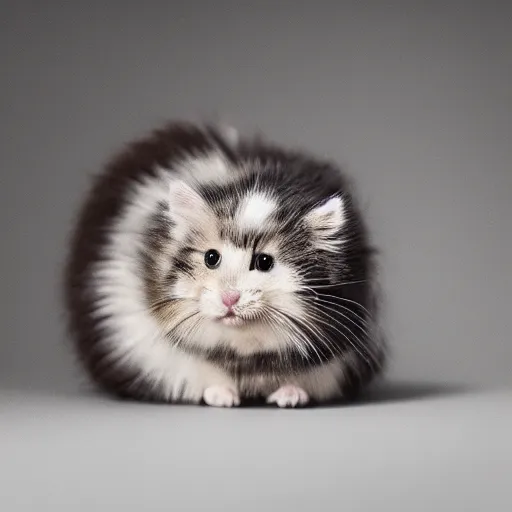 Prompt: fluffy miniature feline cat hamster portrait, aesthetic highly detailed soft fur and paws, professionally shot photorealistic 8k photograph, 35mm Canon EOS R3, rendered in octane, by Natalie Große and Jason Allison