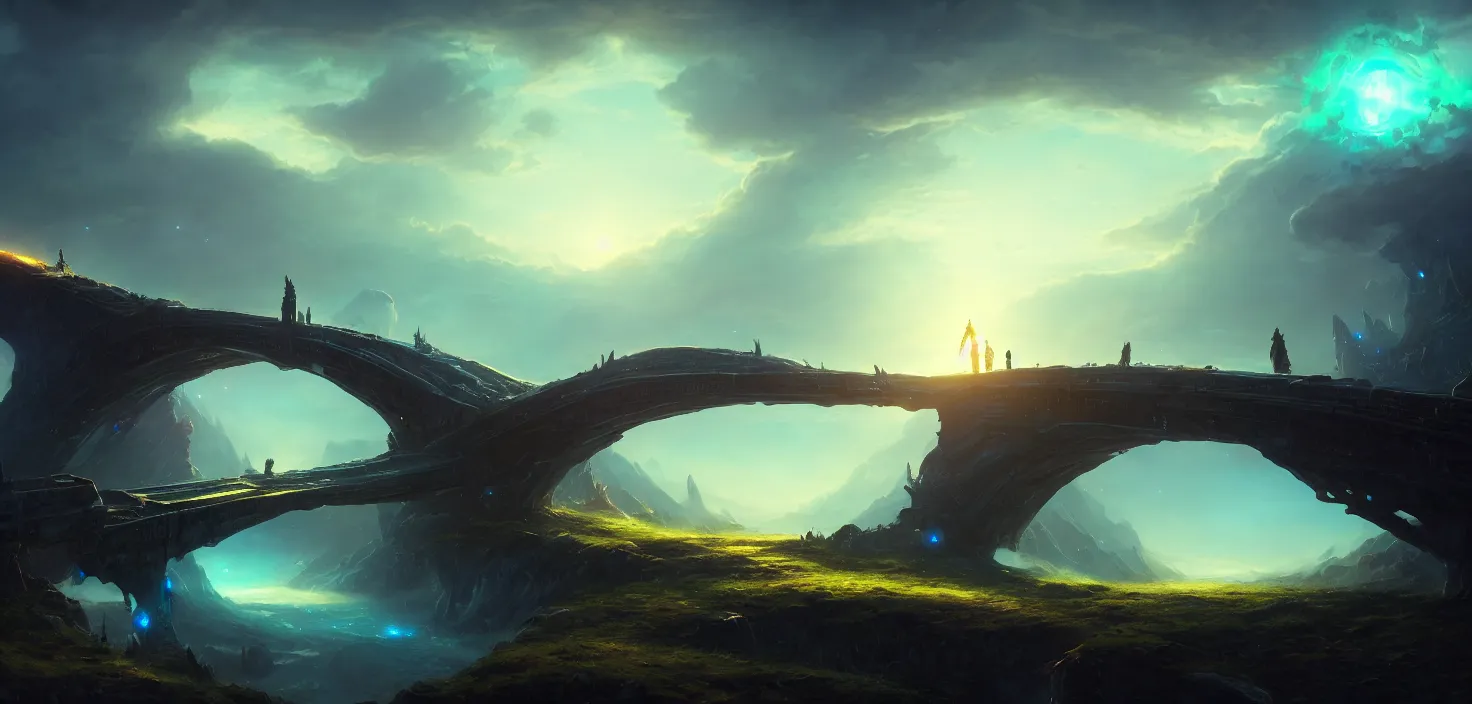 Prompt: fantasy bridge in the space, cinematic view, epic sky, detailed, concept art, low angle, high detail, warm lighting, volumetric, godrays, vivid, beautiful, trending on artstation, by jordan grimmer, huge scene, grass, art greg rutkowski