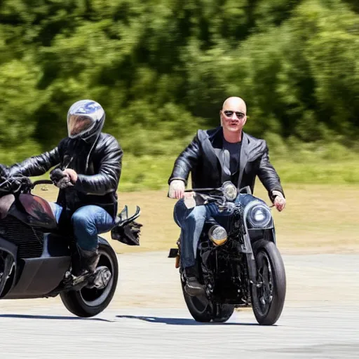 Image similar to elon musk and jeff bezos on a motorcycle