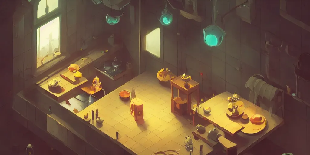 Image similar to cute solitary kitchen dim lit by a candle ripped physique simon stalenhag gerald brom bastien grivet by greg rutkowski, game background, fisheye lens, high angle view, 5 point view