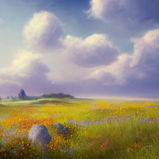 Image similar to a matte painting of a european prairie, patchy flowers and rocks, oil painting, pale colors, high detail, 8 k, wide angle, trending on artstation,