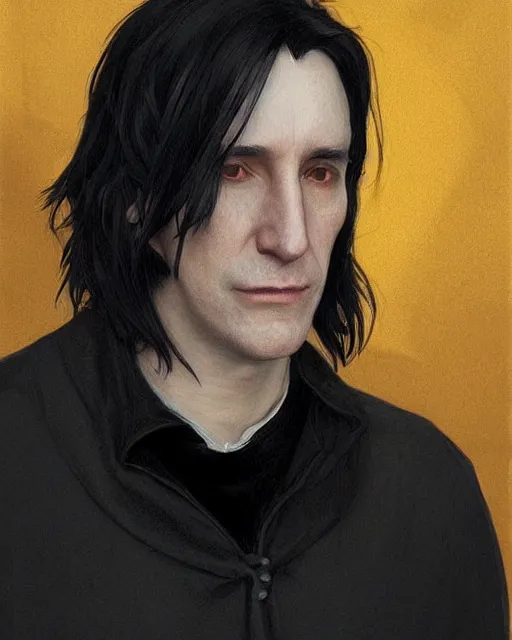 Image similar to portrait of a 3 2 - year - old man wearing black clothes, snape severus, with black, greasy, mid - length hair, hooked nose, dark brown eyes, yellow uneven teeth, highly detailed, digital painting, artstation, concept art, smooth, sharp focus, illustration, art by artgerm and greg rutkowski and alphonse mucha