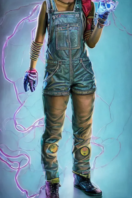 Prompt: a full body illustration of an asian female cyberpunk character wearing dungarees, highly detailed, oil on canvas, soft lighting, neon pastel colors, by Glenn Fabry, by Greg Staples, by Jean Giraud, HD, 4K