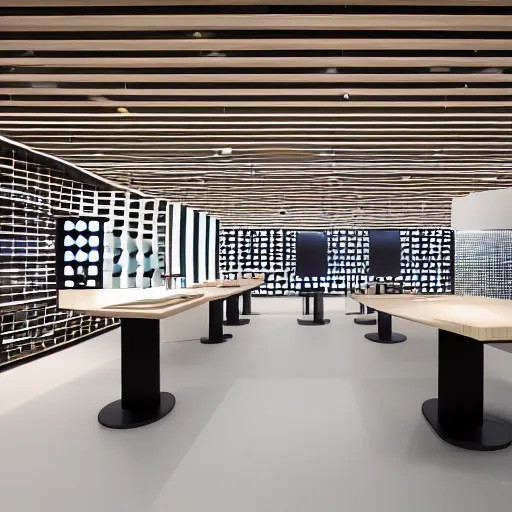 Image similar to A flagship Samsung store. black walls. timber floor. high ceilings with spots. wood furniture with large digital screen. display tables with phones and tablets, pots with plants, digital screens on the walls, Architectural photography. 14mm. High Res 8K. award winning architectural design, inspired by Arne Jacobsen, Niels Otto Møller, Verner Panton, Scandinavian Design, Retaildesignblog.net, high-tech, sci-fi