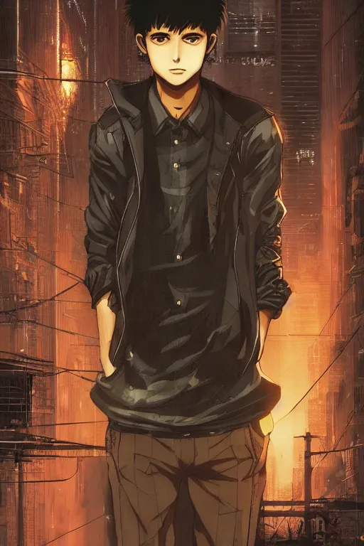 Prompt: manga cover, black-haired short-haired male indian teenager wearing a brown jacket, middle-parted hair, intricate cyberpunk city, emotional lighting, character illustration by tatsuki fujimoto