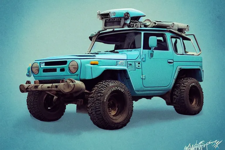 Image similar to digital illustration of a futuristic faded cyan mad max's fj 4 0 decrepit!!!! pursuit special, rusty!!! cyberpunk nissan fj cruiser heavily modded 1 9 9 0 s, the last v 8 interceptor by makoto shinkai, ilya kuvshinov, lois van baarle, rossdraws, basquiat