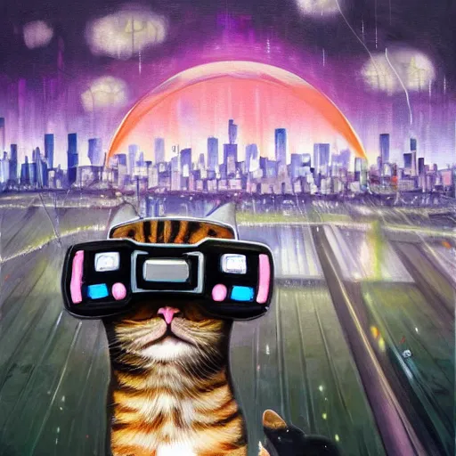 Prompt: a painting of a cat wearing virtual reality headset with seattle skyline in the background, cyberpunk art by hikari shimoda, trending on artstation, panfuturism, dystopian art, circuitry, sci - fi